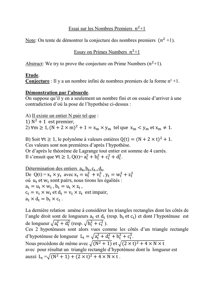 Essai Sur La Conjecture Des Nombres Premiers N 1