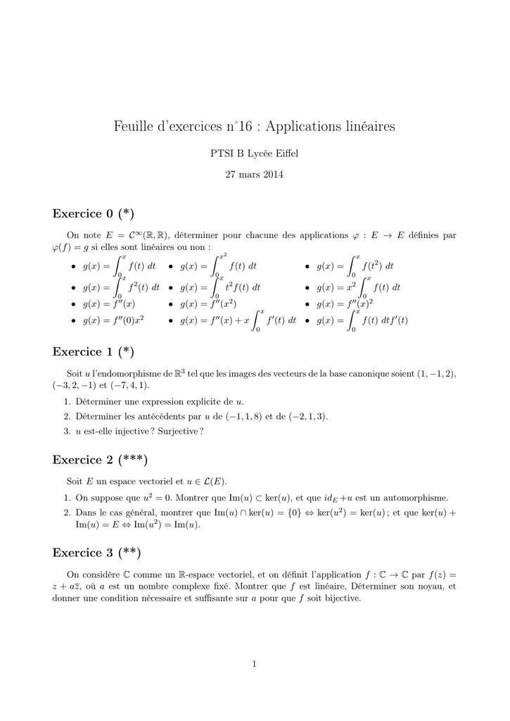 Feuille D Exercices N 16 Applications Lineaires
