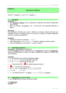 5 – Ch. 3 Chapitre 3 Expressions littérales (Voir 6ème, chapitres 1, 3