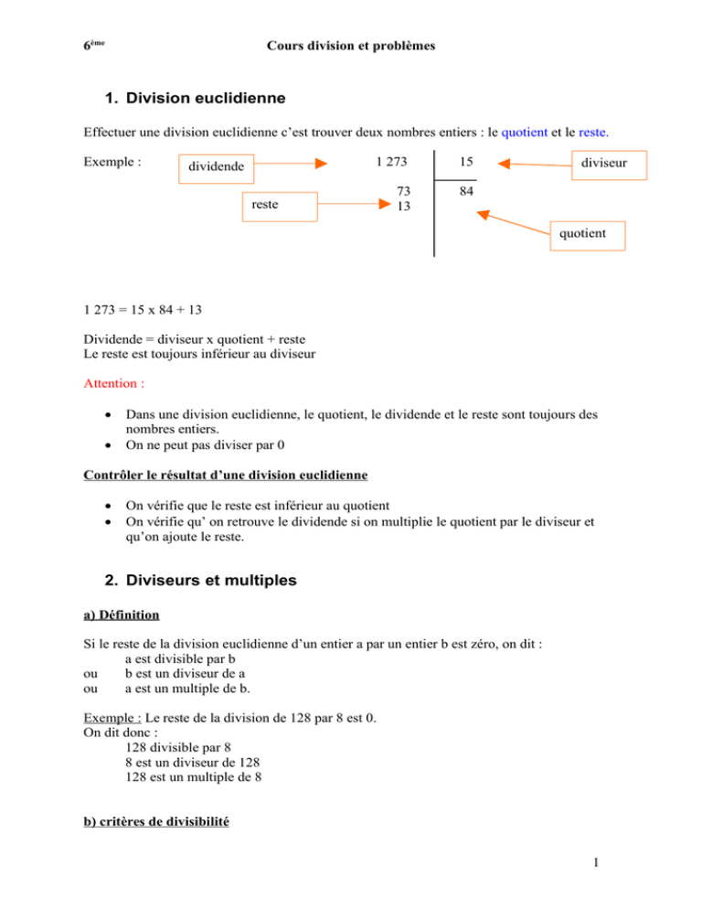 1 Division Euclidienne 2 Diviseurs Et Multiples