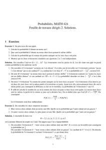 Probabilités, MATH 424 Feuille de travaux dirigés 2. Solutions.