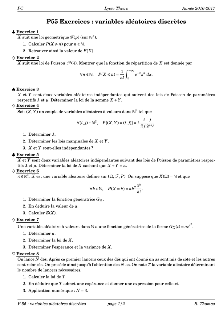 P55 Exercices Variables Aleatoires Discretes