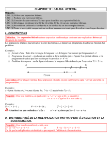 CHAPITRE 12 : CALCUL LITTÉRAL I.