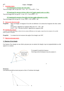 5 Cours : Triangles 1) Connaissant les mesures des trois côtés