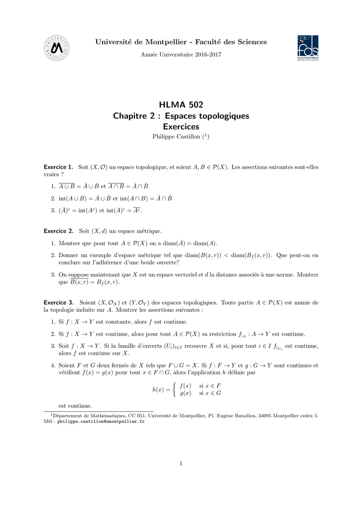 Hlma 502 Chapitre 2 Espaces Topologiques Exercices