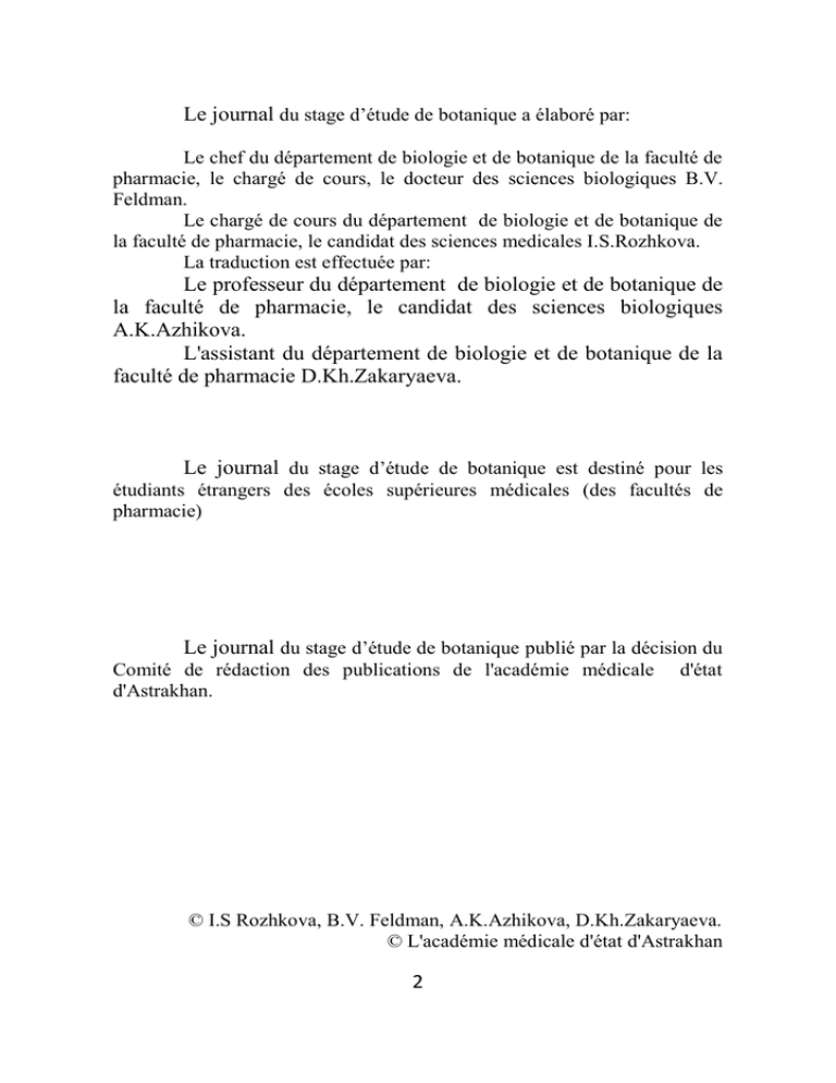 Le Journal Du Stage D`étude De Botanique A élaboré Par: Le Chef Du