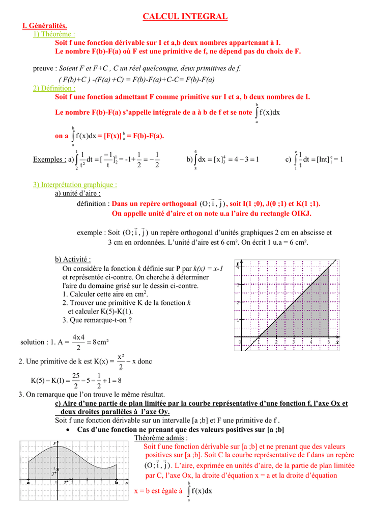 Calcul Integral I Generalites 1 Theoreme Soit F Une Fonction