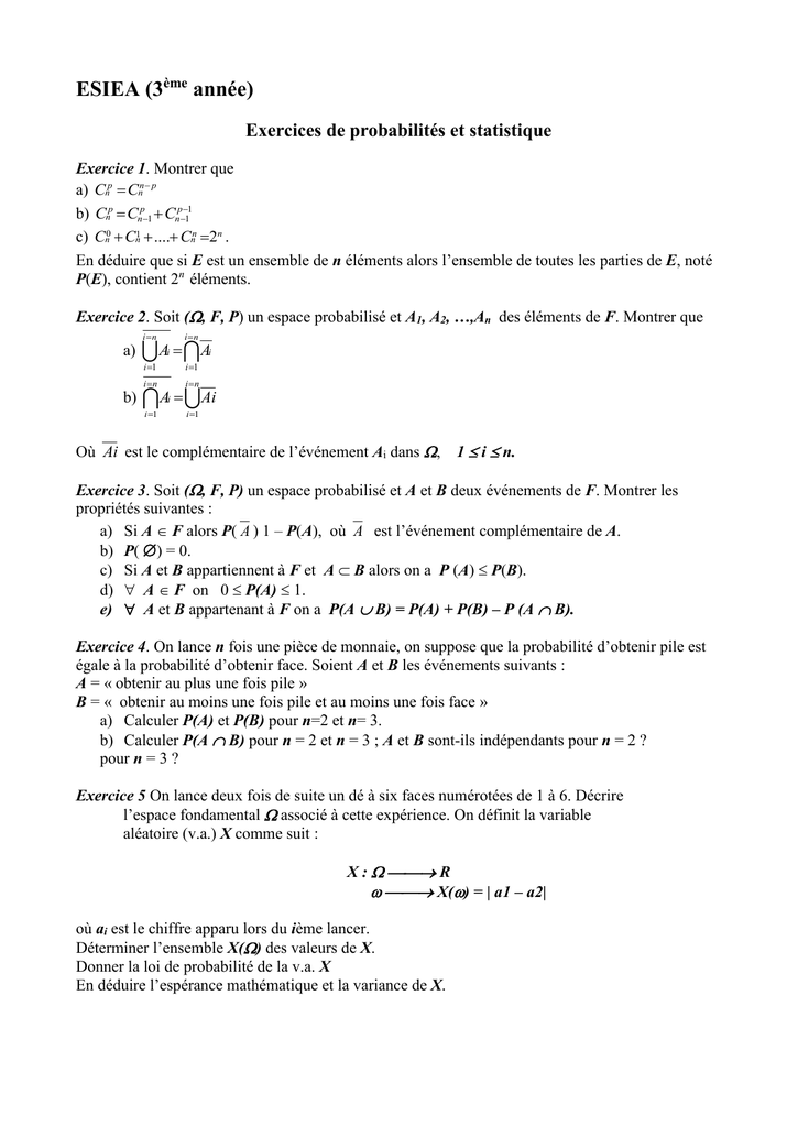 Exercices De Probabilites Et Statistique