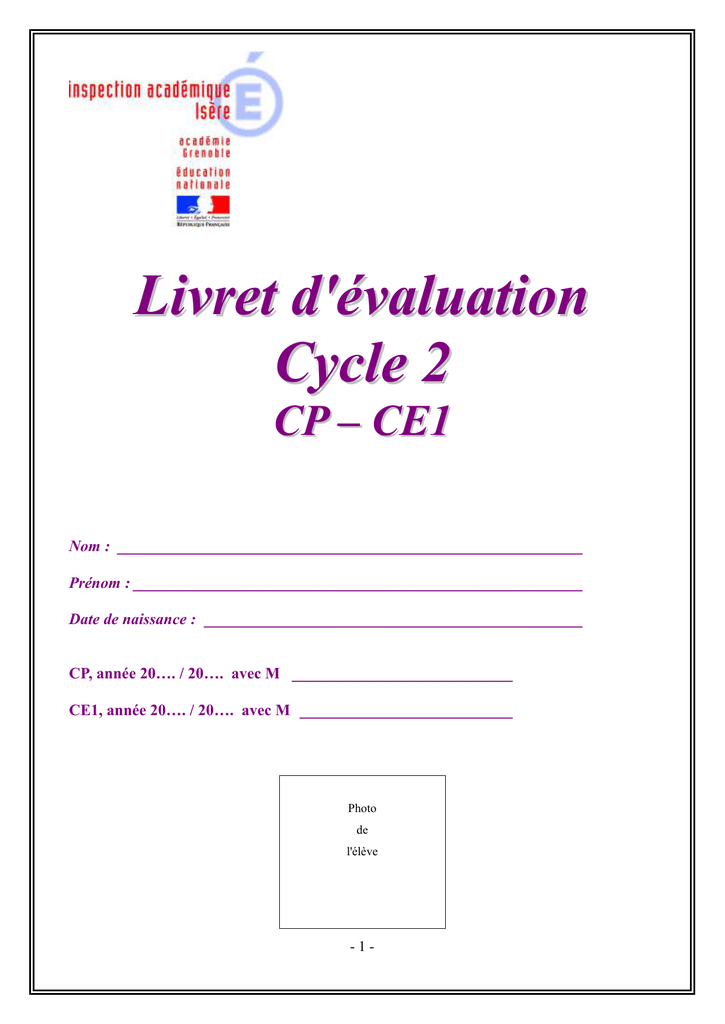 Livret D Evaluation Cycle 2 Cp Ce1 Nom Prenom Date De
