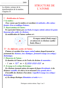 STRUCTURE DE L`ATOME I- Modélisation de l`atome : 1