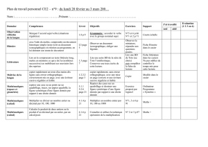 Plan de travail personnel CE2 – n°9 : du lundi 20 février au 3 mars