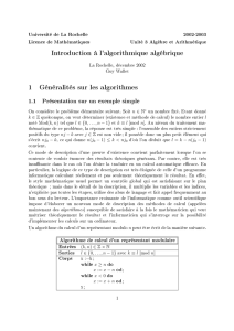 Introduction à l`algorithmique algébrique 1 Généralités sur les