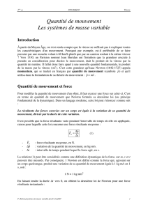 Quantité de mouvement Les systèmes de masse variable Introduction