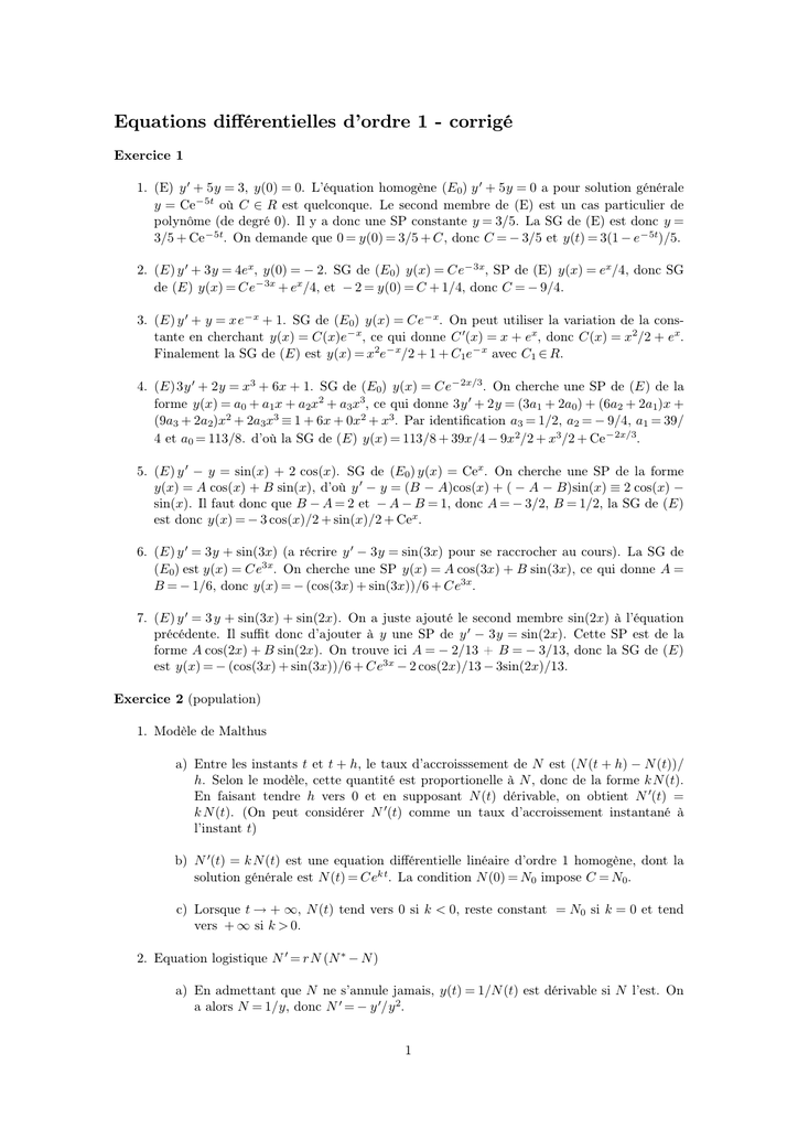 Equations Differentielles D Ordre 1