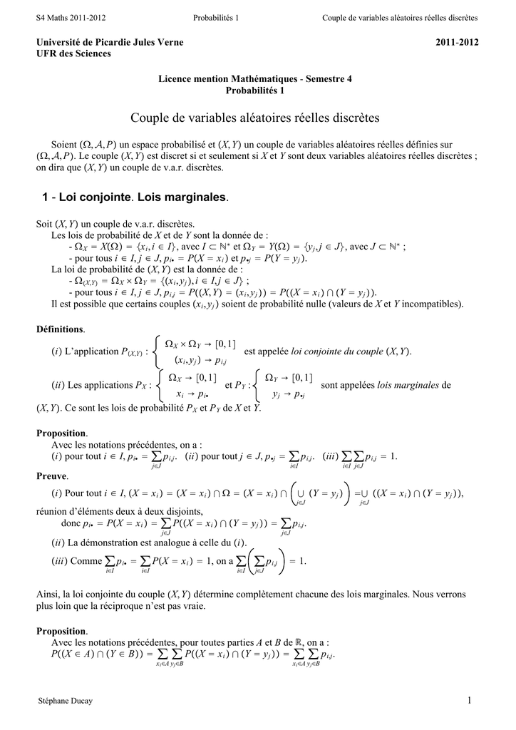 Couple De Variables Aleatoires Reelles Discretes