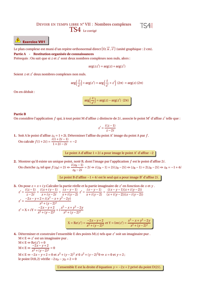 Devoir En Temps Libre N Vii Nombres Complexes