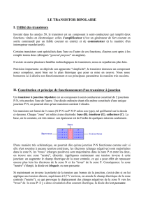 LE TRANSISTOR BIPOLAIRE I. Utilité des transistors II. Constitution