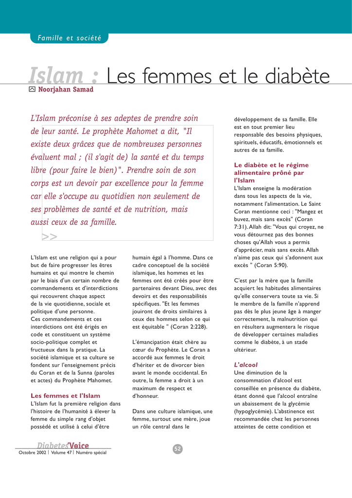 Islam Les Femmes Et Le Diabète - 