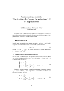 Élimination de Gauss, factorisation LU et applications