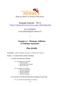 ~ Chapitre 4 – Monnaie, Inflation et Politique monétaire Plan détaillé