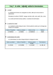 Conj 1 : le verbe : infinitif, radical et terminaison.