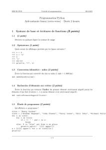 Programmation Python Aide-mémoire fourni (recto