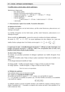 TP - COURS : OPTIQUE GEOMETRIQUE . I Lentilles minces, miroirs