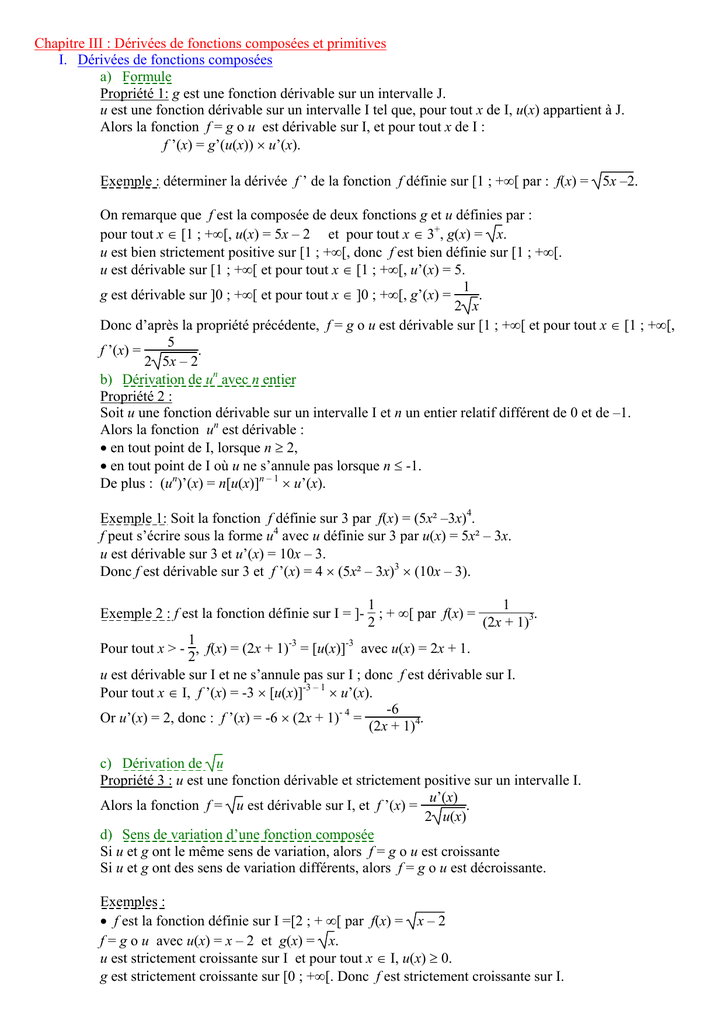 Chapitre Iii Derivees De Fonctions Composees Et Primitives I