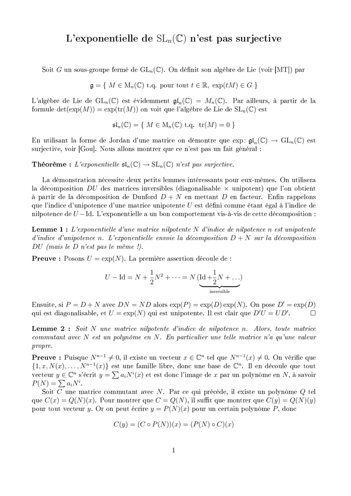 L Exponentielle De Sln C N Est Pas Surjective