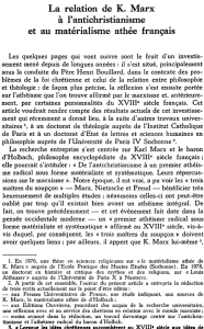 La relation de K. Marx à l`antichristianisme et au matérialisme athée