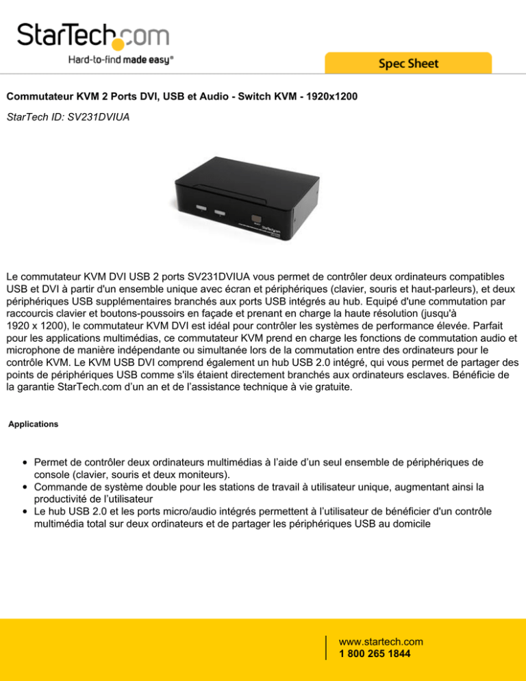 Commutateur KVM 2 Ports DisplayPort + USB + Audio - Switch Pour 2 PC - Résolution 2560x1600 - SV231DPUA