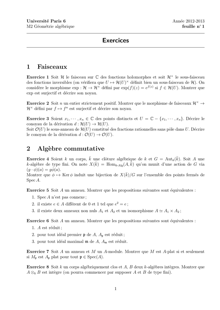 Exercices 1 Faisceaux 2 Alg Ebre Commutative Imj Prg