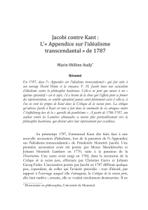 Jacobi contre Kant : L`« Appendice sur l`idéalisme transcendantal