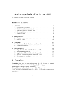 Analyse approfondie - Plan du cours 2009 Table des matières 1 Les