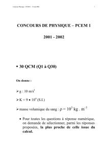 Physique - PCEM1 - 2002 - Semestre 2