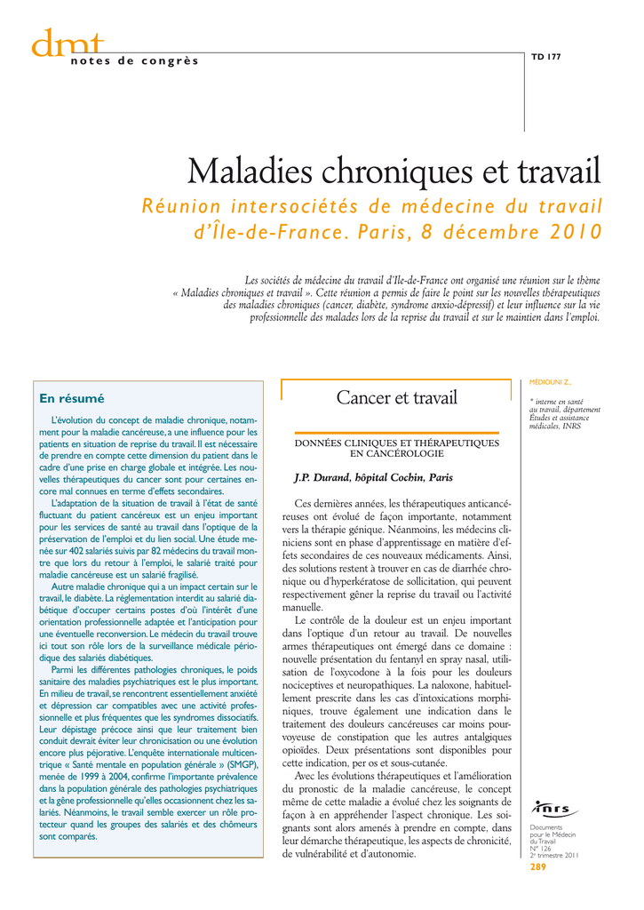 Maladies Chroniques Et Travail References En Sante Au Travail