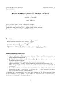 Examen de Thermodynamique et Physique Statistique La