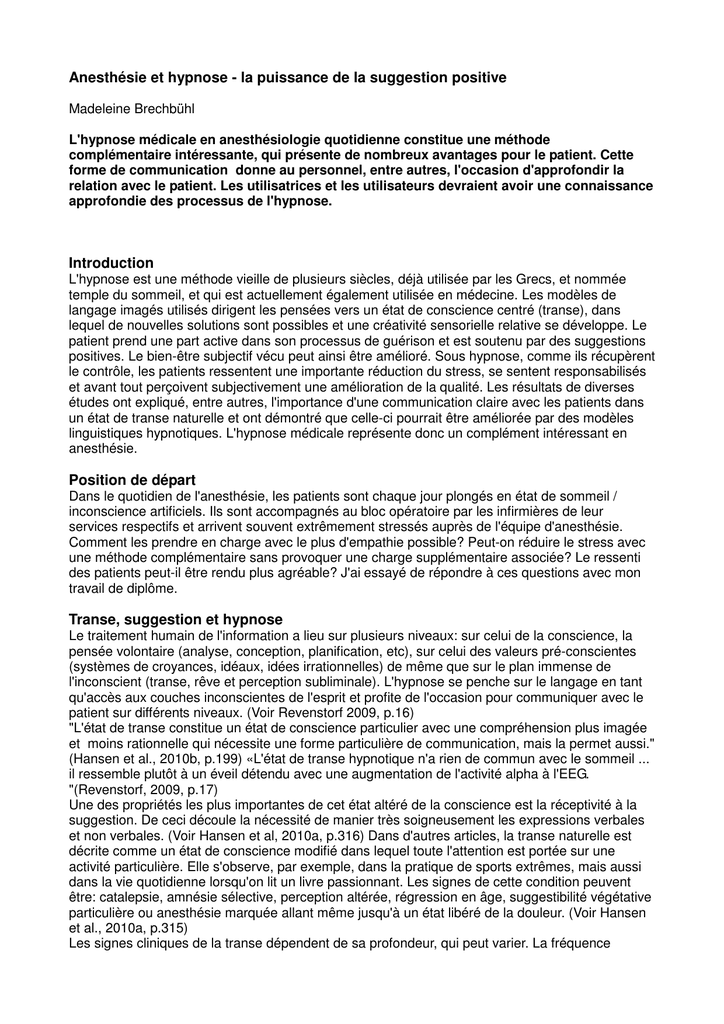 Anesthésie Et Hypnose La Puissance De La Suggestion Positive - 