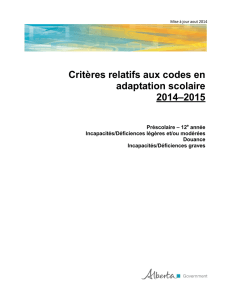Critères relatifs aux codes en adaptation scolaire 2014–2015