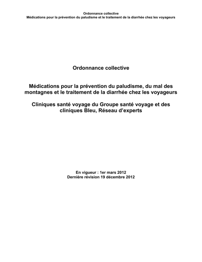 Ordonnance Collective Médications Pour La Prévention Du Paludisme