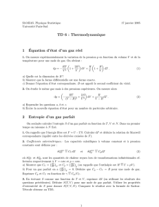 TD 6 : Thermodynamique 1Équation d`état d`un gaz réel 2 Entropie d