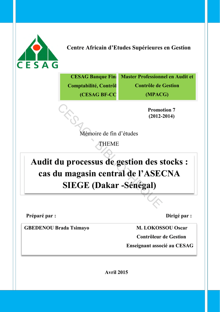 Audit Du Processus De Gestion Des Stocks