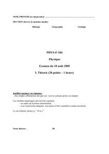 PHYS-F-104 Physique Examen du 18 août 2005 I. Théorie (20