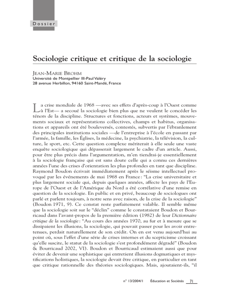 Sociologie critique et critique de la sociologie