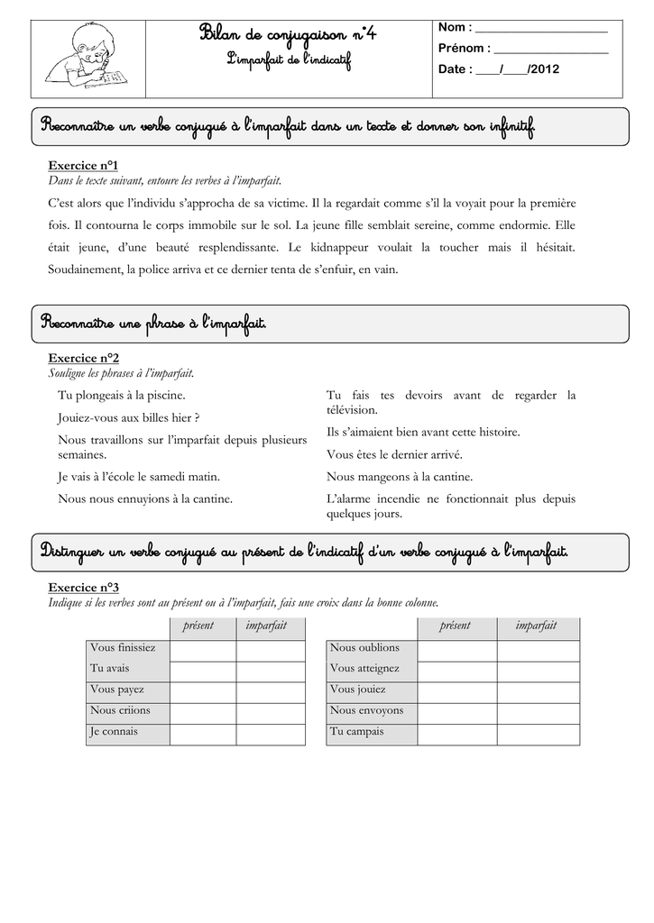 Francais Conjugaison Evaluation N 3 Sur L Imparfait