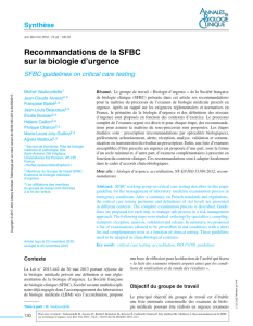 Recommandations de la SFBC sur la biologie d`urgence