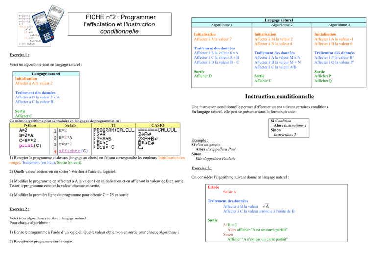 Algorithme Instructions Conditionnelles Algorithme Instructions Conditionnelles