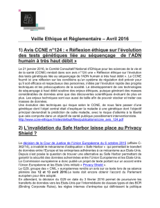 Veille Ethique et Réglementaire – Avril 2016 1) Avis CCNE n°124
