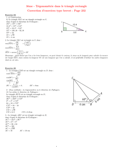 3ème - Trigonométrie dans le triangle rectangle Correction d