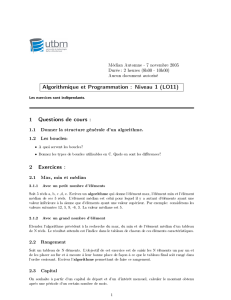 Algorithmique et programmation : niveau I - LO11